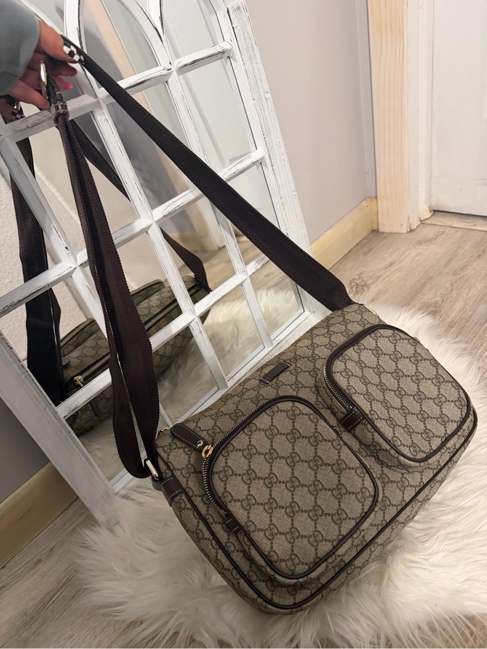 Gucci Beige/Brown GG  crossbody Messenger Bag with Dual Front Pockets
